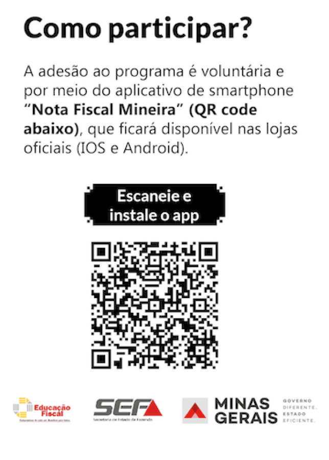 Como participar da Nota Fiscal Mineira, com o QR code para instalar o aplicativo